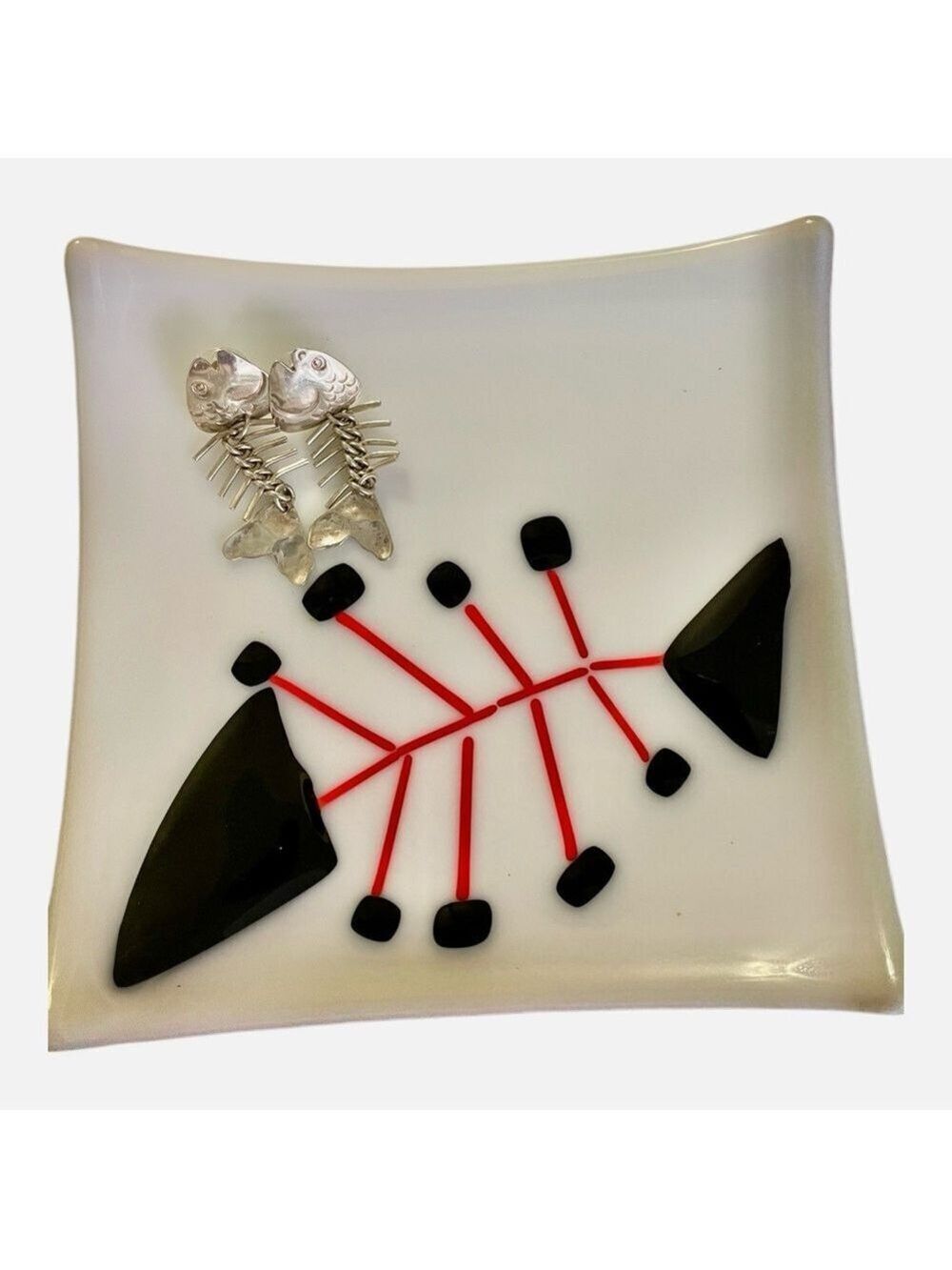 Fused Glass Art Plate Styled Abstract Fish Skeleton Sushi or Trinket Dish S